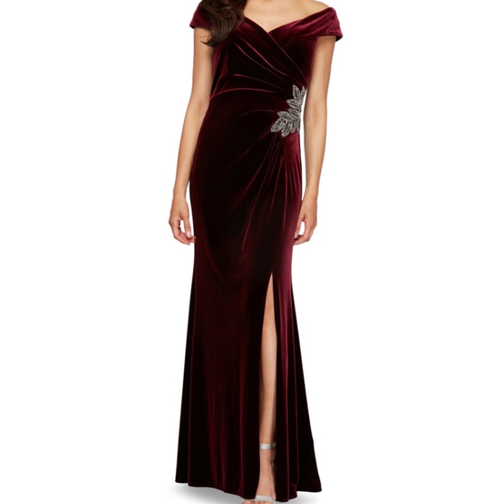 Gorgeous red velvet off the shoulder gown!
